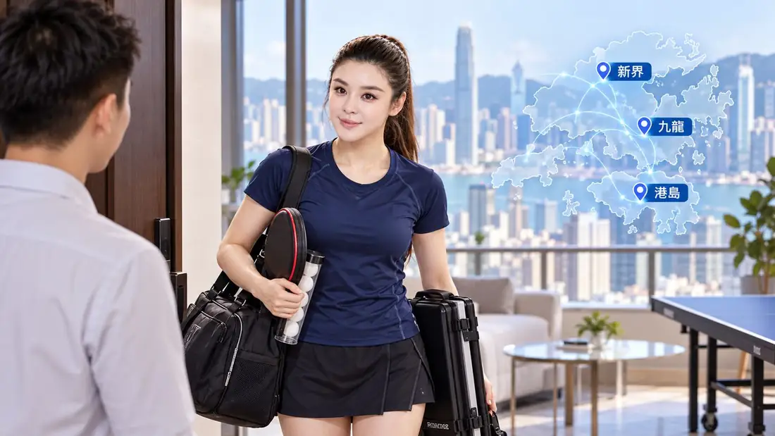 Geena 教練帶球拍同器材上門，旁邊標示港島、九龍、新界服務範圍